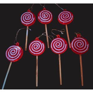 Lot Of 7 Red Glass Lollipop Ornaments 5" Hanging Holiday Decorations